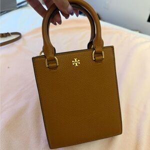 Tory Burch Caramel Tan Pebbled Leather Mini Tote with Gold Logo